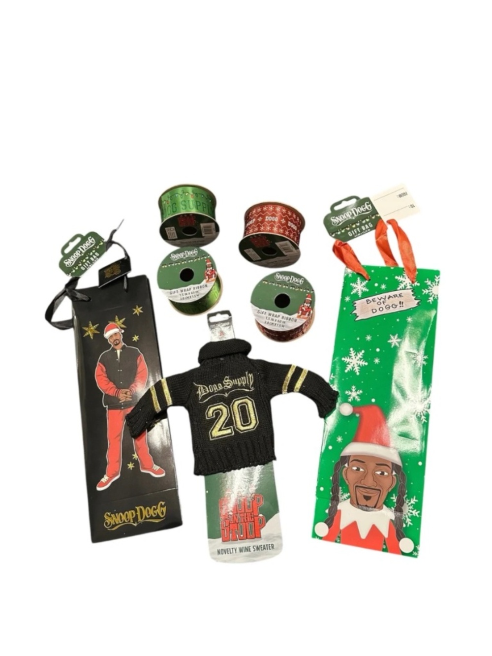 Snoop Dogg Christmas Ribbon, Gift Bag and Wine Sweater Bundle NEW